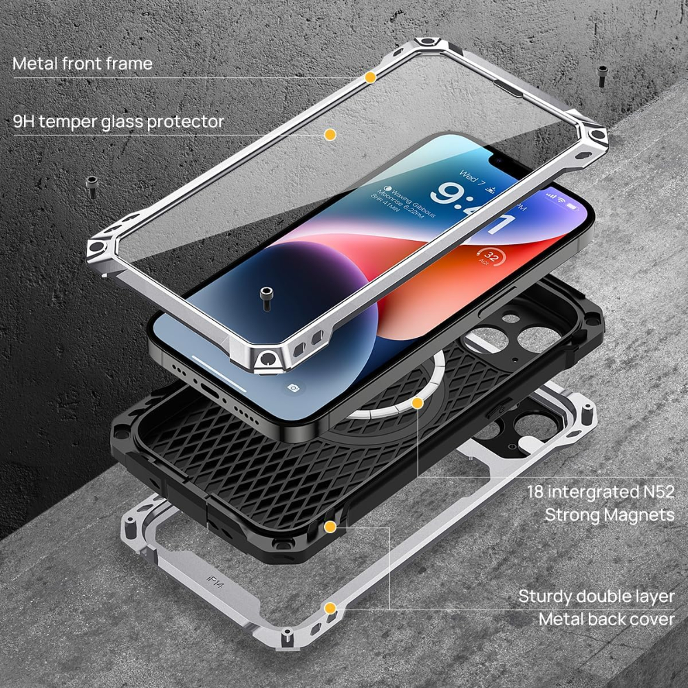 Voor iPhone 14 15 16 Pro Max Plus Aluminium Metal Armor Magnetische Telefoon Gevallen Lens Stand Screen Protector Zware Schokbestendige Cover