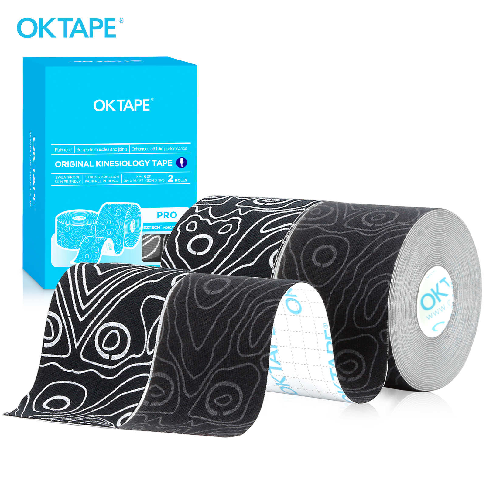 2 Rollen OK Band Profi Kinesiologie-Band, neue Verpackung, 5 cm x 16 Fuß, frei geschnittenes Klebeband, aktualisiertes elastisches Sportband, therapeutisches latexfrei