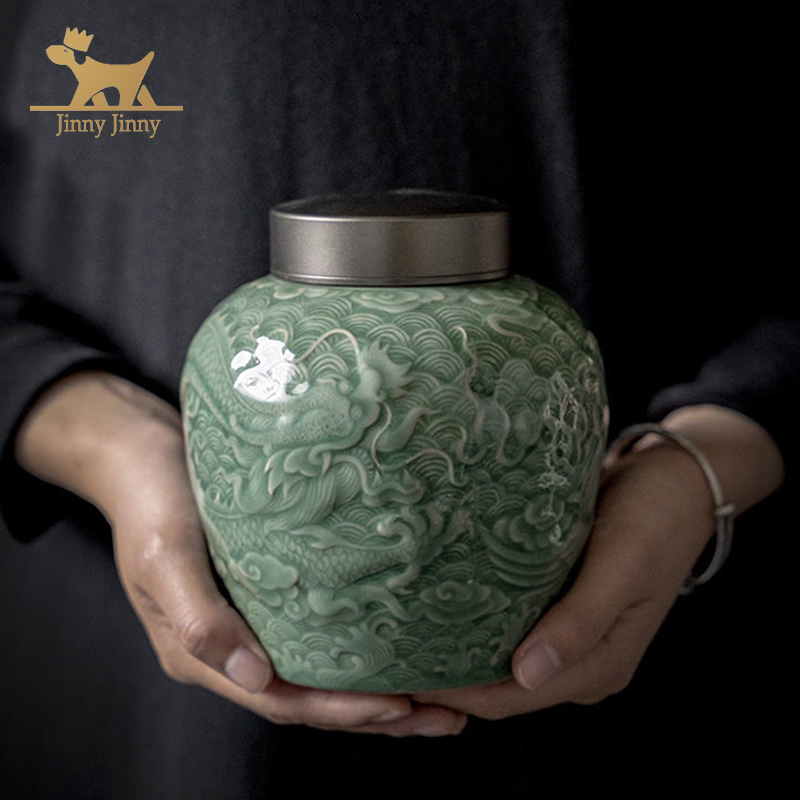1000ml-Fengshui Dragon Patroon-Huisdier Urn, Hond Urn, Urnen Voor Honden As, Chinese Keramische Materiaal, herdenken Eeuwige Liefde