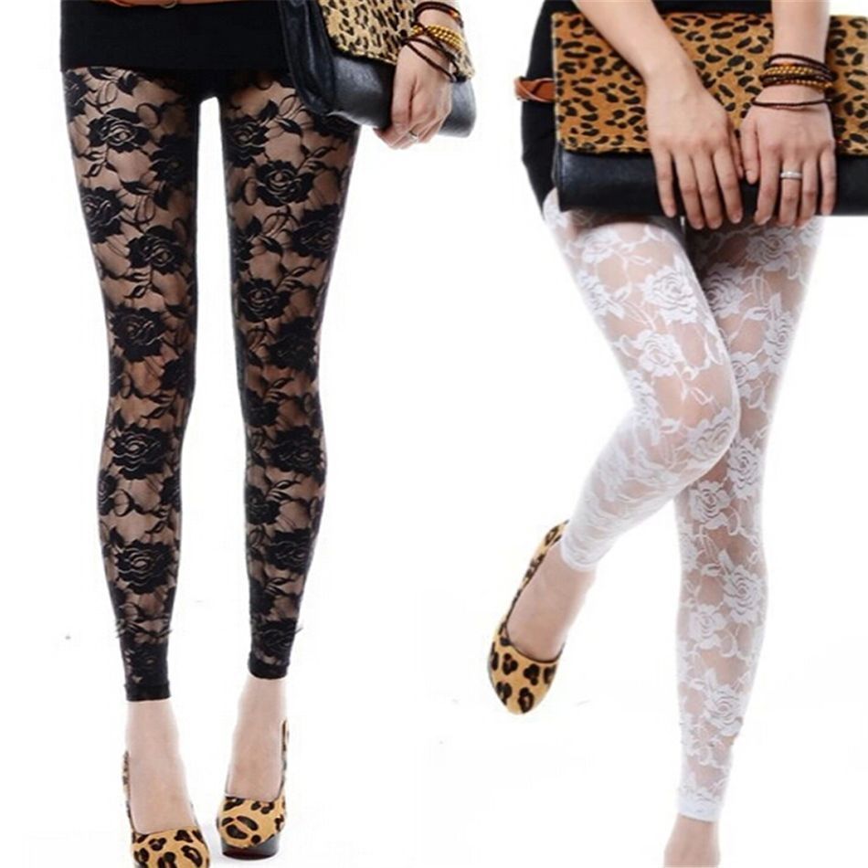 Women Stretch Crochet Lace Leggings Fitness Leggings Transparent Skinny Slim Sexy Hollow Out Rose Flower Trousers Perneiras