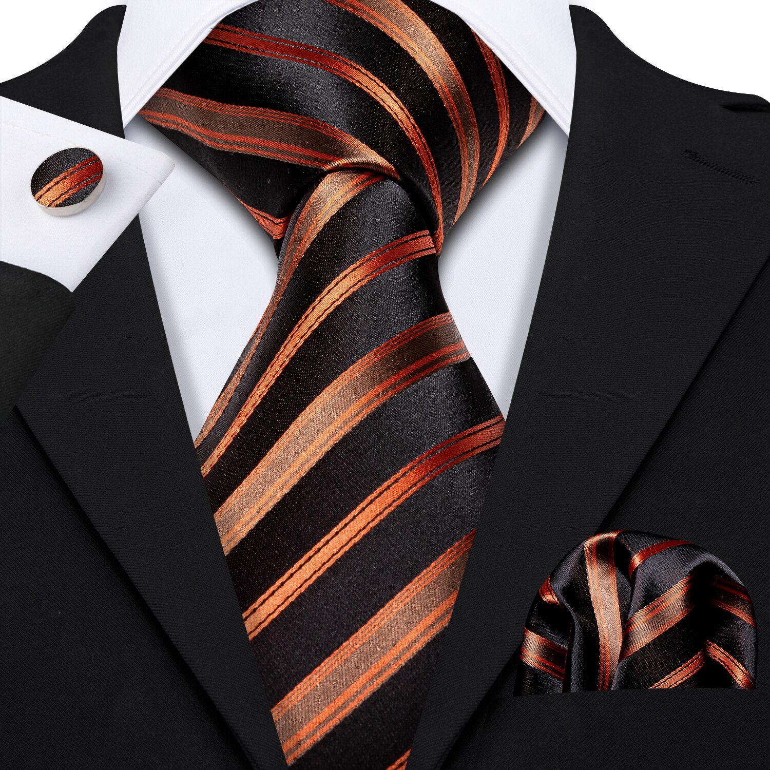 LS-585 Barry.Wang Mannen Stropdas Zijde Gestreepte Jacquard Geweven Classic Tie + Hanky + Manchetknopen Set Voor Formele Wedding Bedrijvengids Party: LS-5250