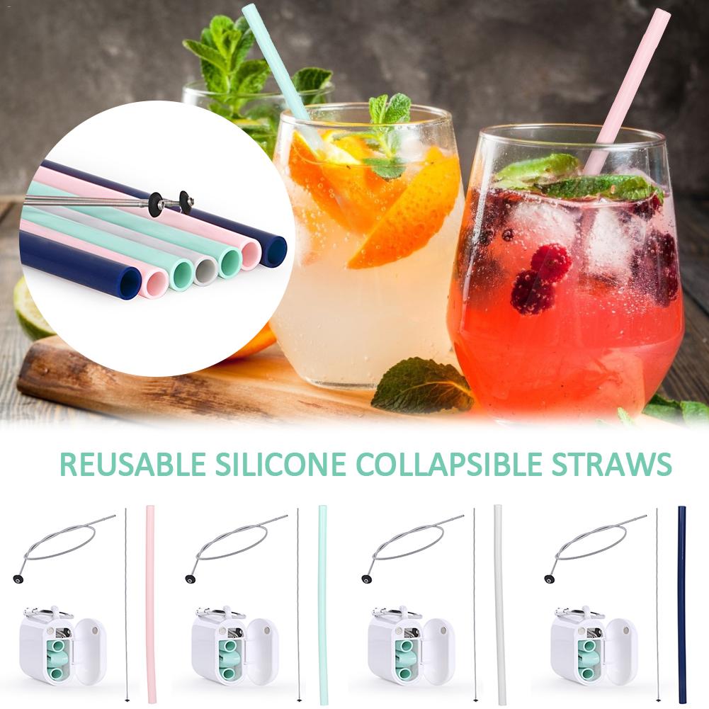 Pajita plegable de silicona reutilizable, Pajita para beber con cepillo de limpieza de Estuche de transporte, para viajes, y la Oficina para el hogar, bebidas de acero inoxidable