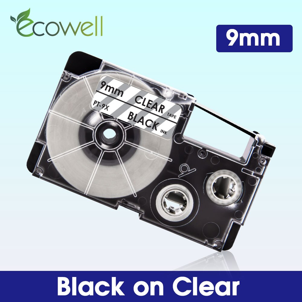 Ecowell XR-9WE XR-9X XR-9RD XR-9BU 9mm label For Casio XR-9YW XR-9GN XR-9GD label tape for Casio KL-60 KL-120 KL-100 Label Maker: Black on Clear