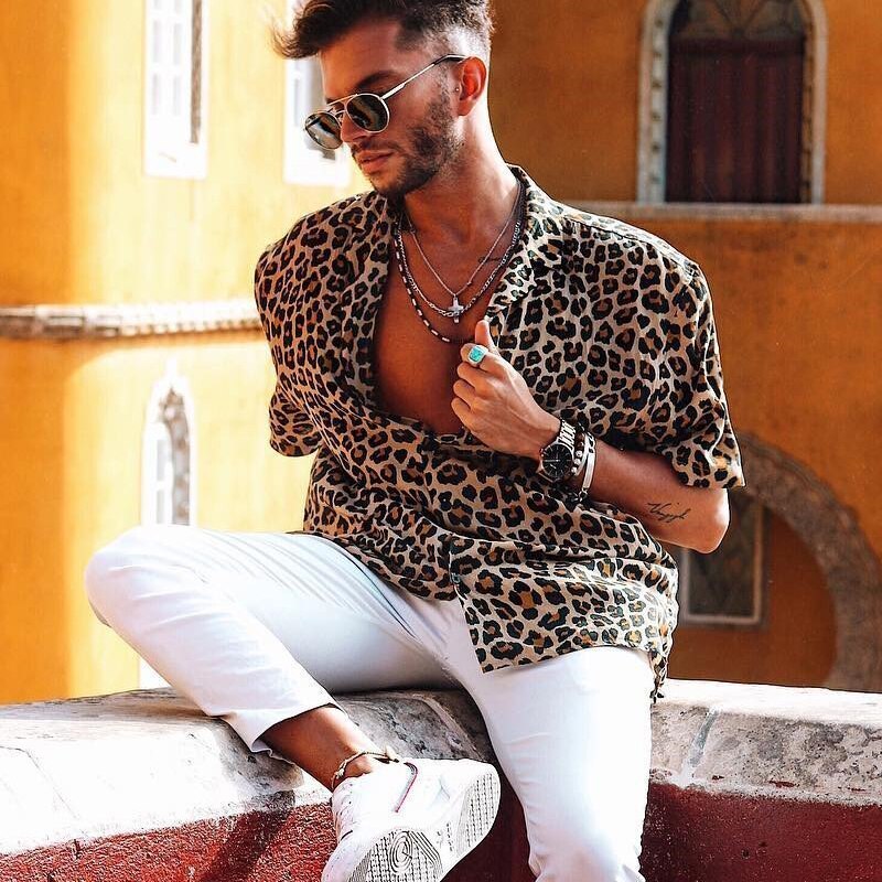 Mænd vintage leopard print skjorter sommer afslappet korte ærmer løse skjorter mand han skjorte toppe plus størrelse s -3xl