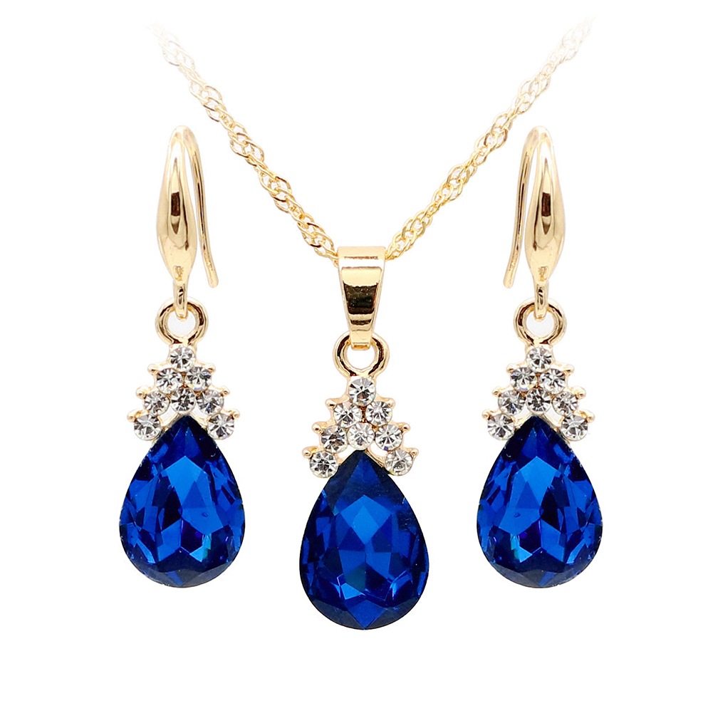 Vintage Teardrop Strass Frauen Schmuck Set Halskette Haken Ohrringe Anhänger: Sapphire Blue