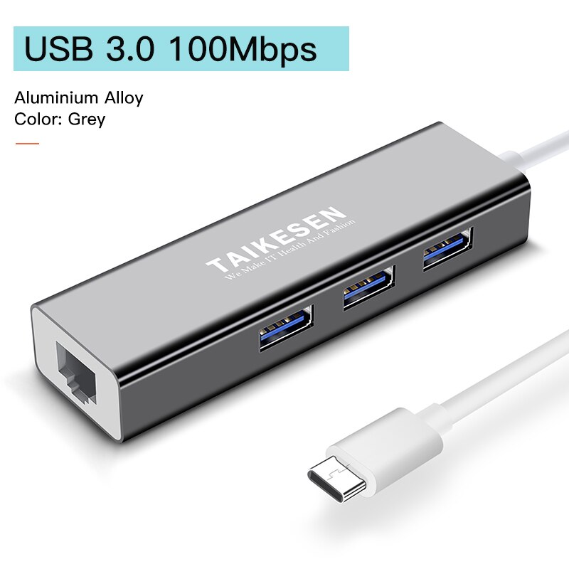 Usb c etherne  rj45 lan adapter usb type c naar usb 3.0 hub 100/1000 netwerkkaart voor macbook pro samsung  s9/s8/ note 9 usb etherne: Usb 3.0 100m grijs