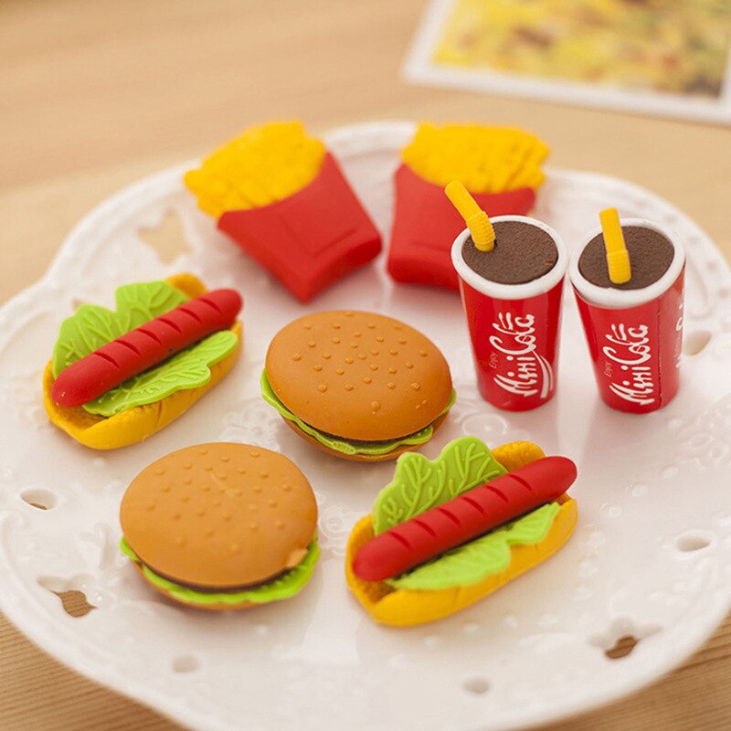5pcs Cute Kawaii Eraser Hamburger Food French Fries Dog Eraser Office Correction Supplies