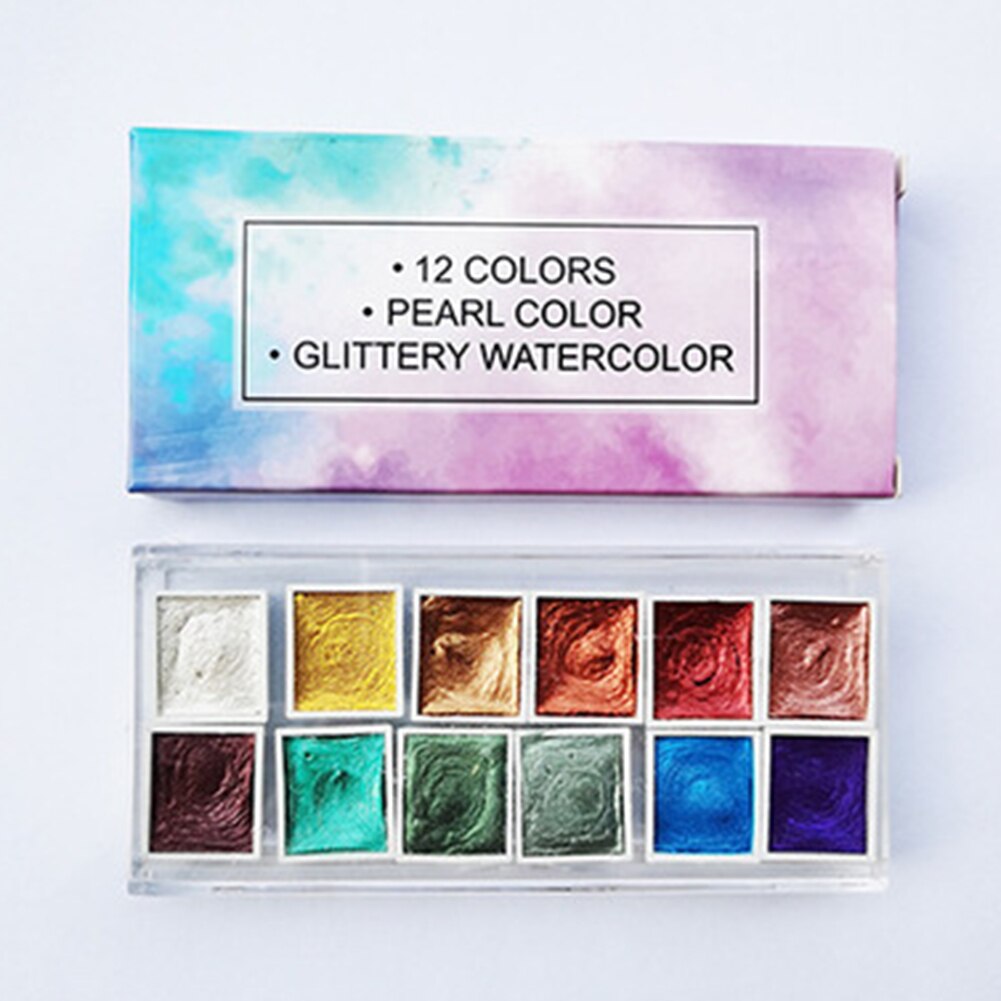 Ensemble de peinture pigmentée aquarelle à paillettes nacrées 12/36/48 couleur avec boîte en fer