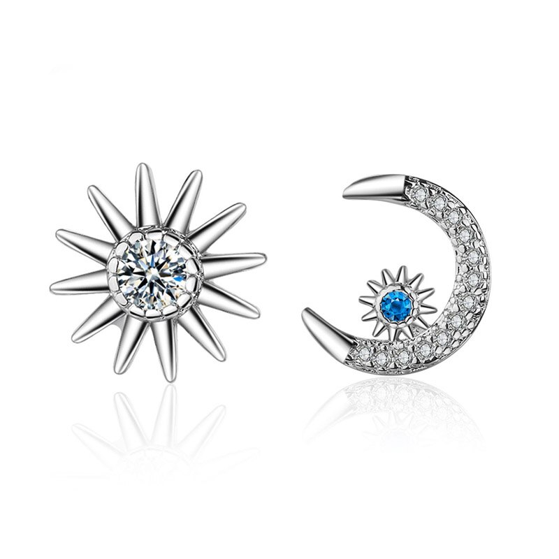S925 orecchini in argento AAA zircone asimmetria sole e luna orecchini a bottone per donna regalo Lady Girl gioielli di moda