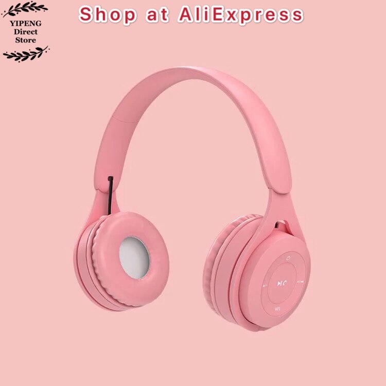 Macaron Wireless Over Ear Headset Bluetooth Headphone HiFi Stereo with Microphone Support TF Card MP3 Player Walkman: Pink