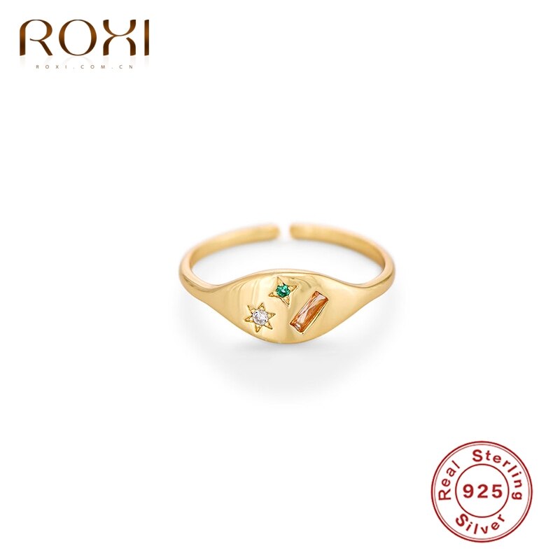 ROXI Colorful Casual Gold Open Rings for Women Girls Crystal Moon Star Ring 925 Sterling Silver Jewelry Irregular Finger Ring