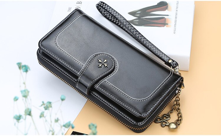 JOYHO Grote Capaciteit Vrouwen Clutch Split Leer Vrouwelijke Lange Portemonnee Vrouwen Rits Portemonnee Bloem Hardware Strap Hollow Out