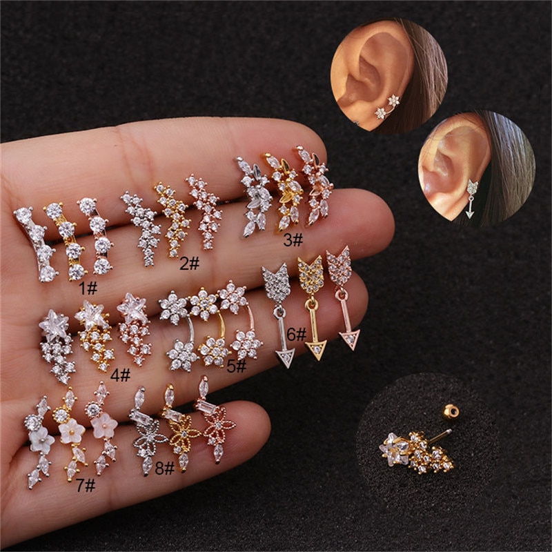 20G Rvs CZ Bloem Zirkoon Oor Kraakbeen Helix Piercing Sieraden Rook Kwab Stud Earring Rvs Zirkoon Oorbellen