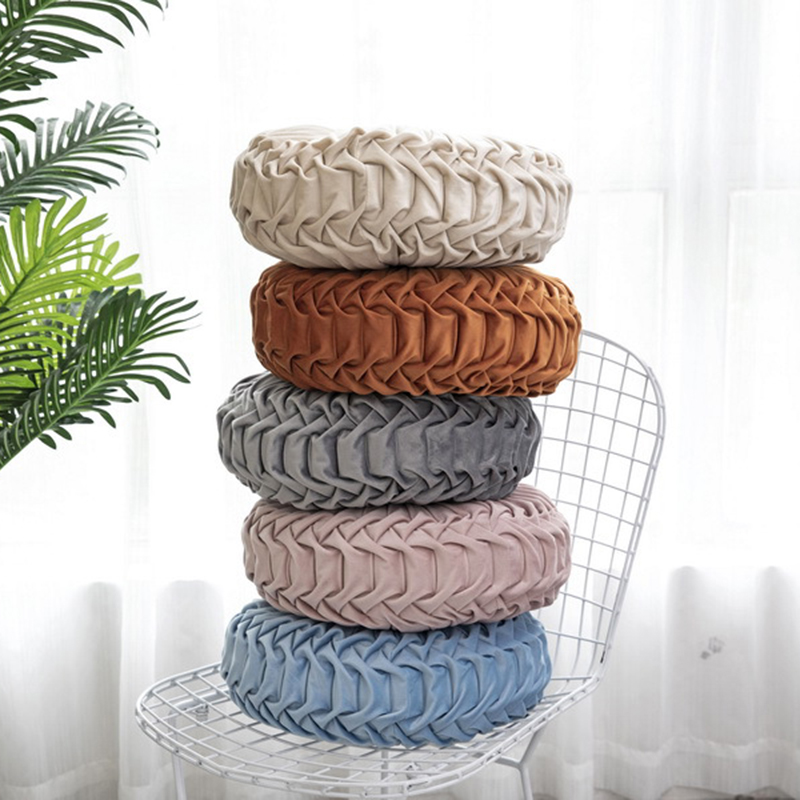 Coussin rond plissé en velours de 38cm, Textile de maison, couleur unie, coussin de maison, canapé-lit, oreiller de taille pliable européenne