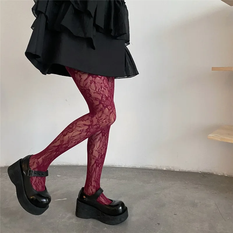 Medias florales estilo Punk para chicas dulces de Lolita, medias altas hasta el muslo coloridas, lencería Sexy para mujer, pantimedias de rejilla de malla caladas
