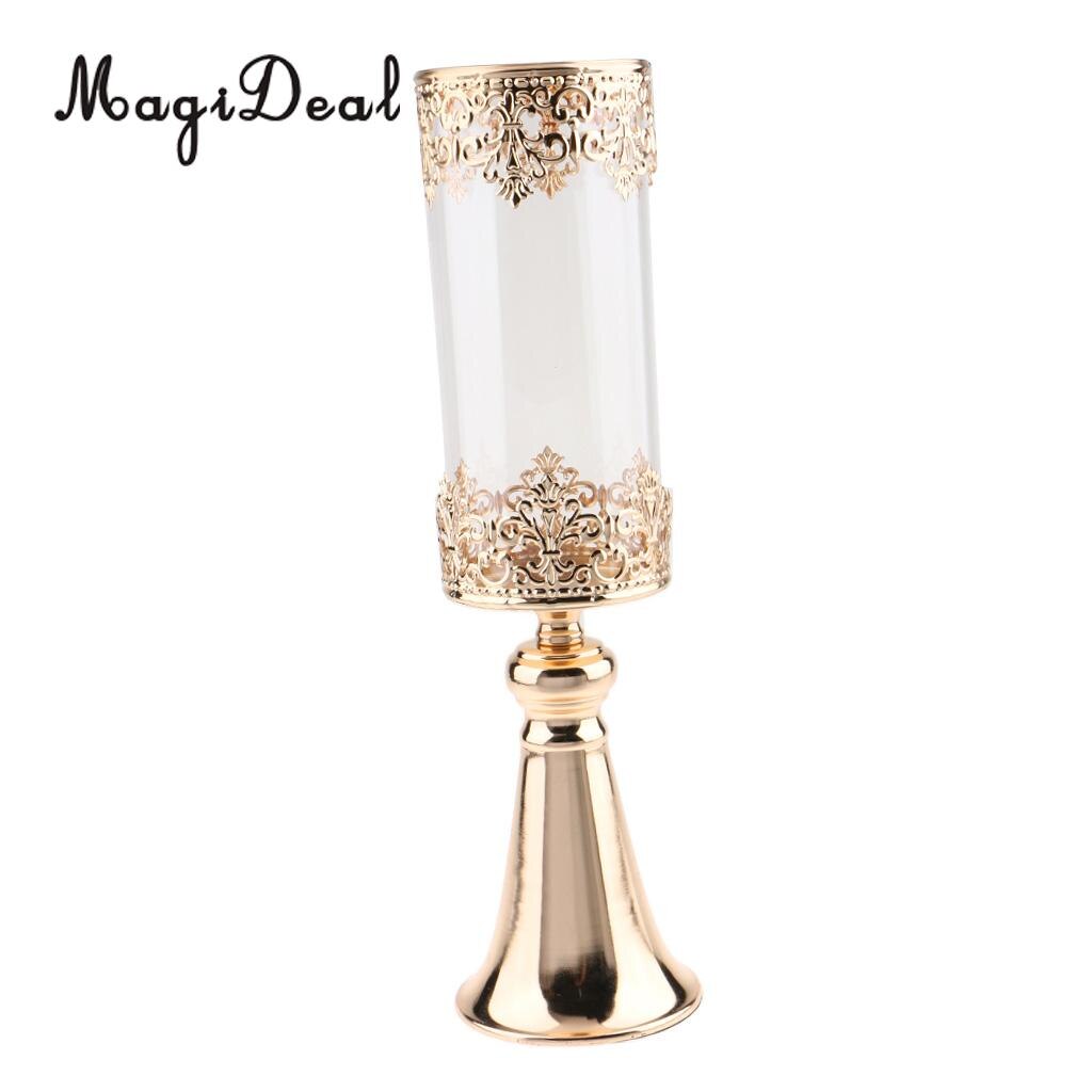 Antik guld metall piedestal ljusstake med glas blomma vas kristall draperad pelare stativ accent display prydnad