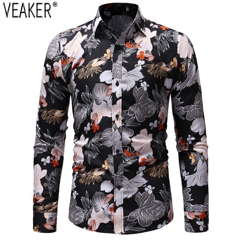 hommes automne casual imprimé chemise homme à manches longues Floral imprimé chemise Slim Fit fleur chemise hauts M-3XL