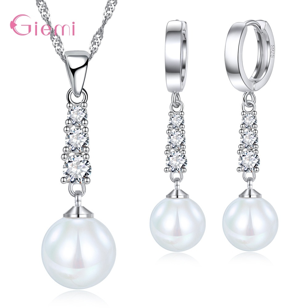 925 sterling sølv cubic zirconia perle dingle øreringe vedhæng halskæde smykker sæt til kvinder pige trendy smykker