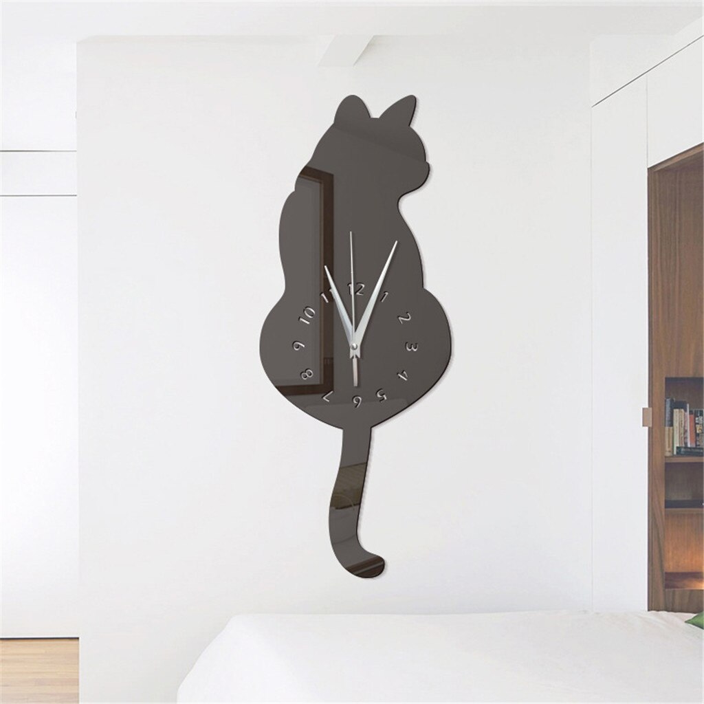 3D Cartoon Cat wall clock modern Modeling Acrylic Mirror Clock Home Decoration Wall Clock horloge murale
