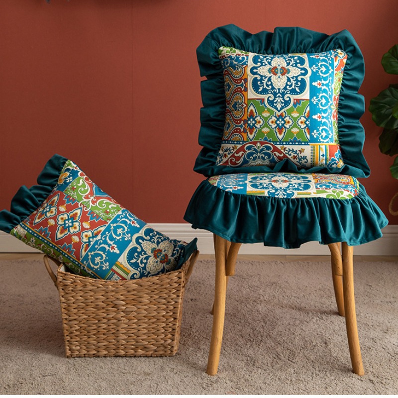 Cojín de asiento impreso para silla de comedor, cojín para silla de comedor para el hogar, correa extraíble y lavable, cojín para silla con borde de volantes retro