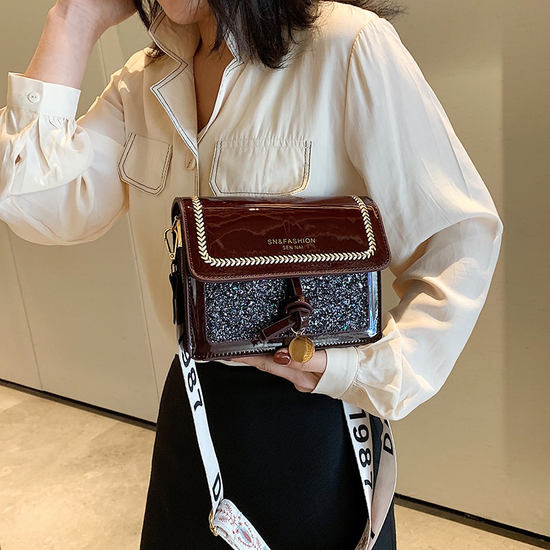 Damväska bred axelrem axelväska messenger bag casual dam crossbody-väska glänsande flik dam handväskor handväska