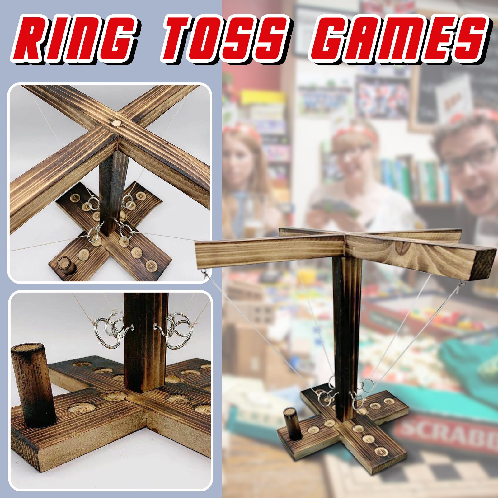 Ringwurfspiel für 4 spieler, interaktives spielzeug für partys, bars und zuhause. handgefertigte ringhaken aus holz.