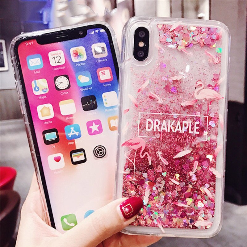 Funda de arena movediza para iPhone X 7 para iPhone 6 6s Plus XR XS Max 11PRO funda de teléfono de flamencos Bling dinámico corazones de amor contraportada