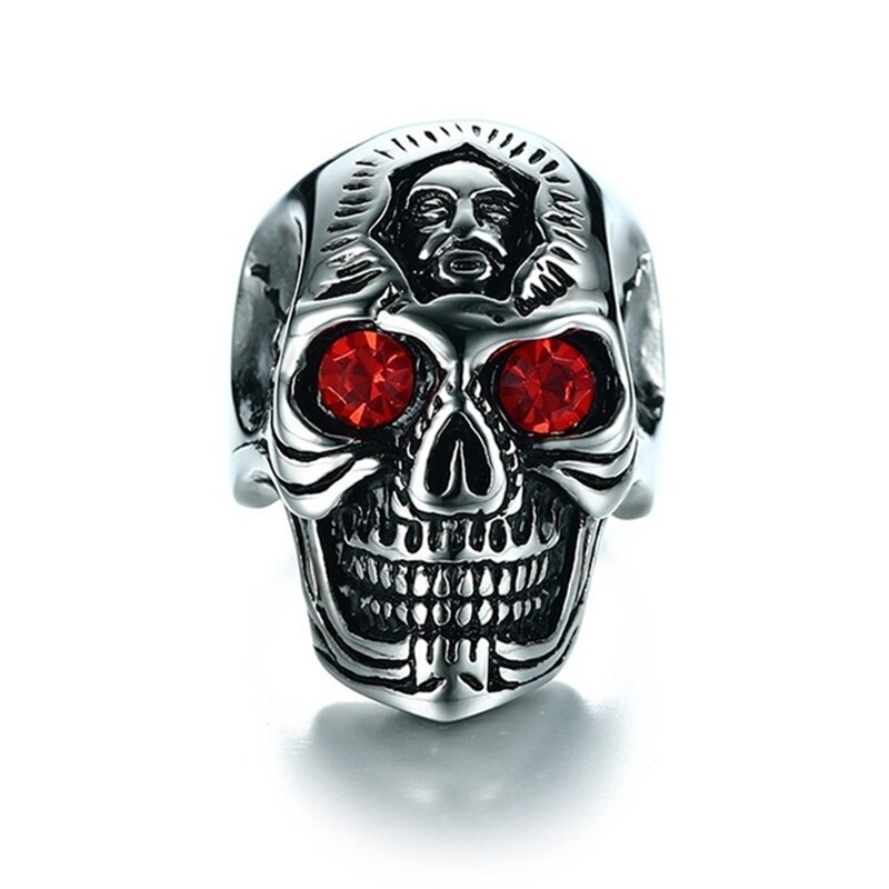 Stainless Steel Punk Floral Totem Red Zircon Gothic Skull Ring For Men Accessories Jewelry Anniversary Party