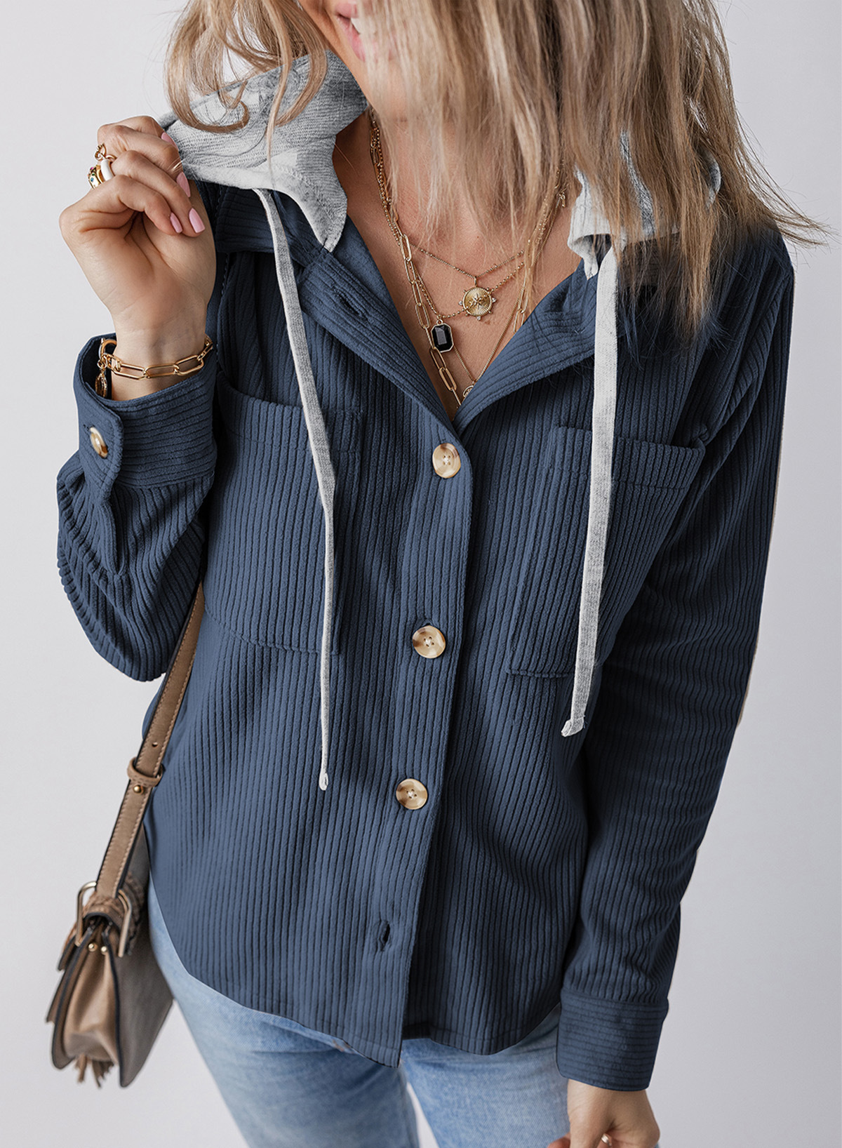 Women's Autumn Button Bomber Jacket Casual Hooded Pocket Streetwear Drawstring Girl Workout Demi-season Jacket For Women Coat: XXL / Blue