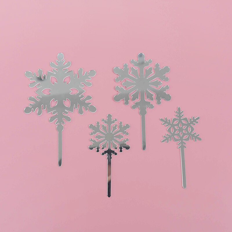 4 stuks/set mix acryl sneeuwvlok taarttopper verjaardagsfeest cupcake topper voor jaar kerstdecoratie taartdecoratie: Zilver met stok