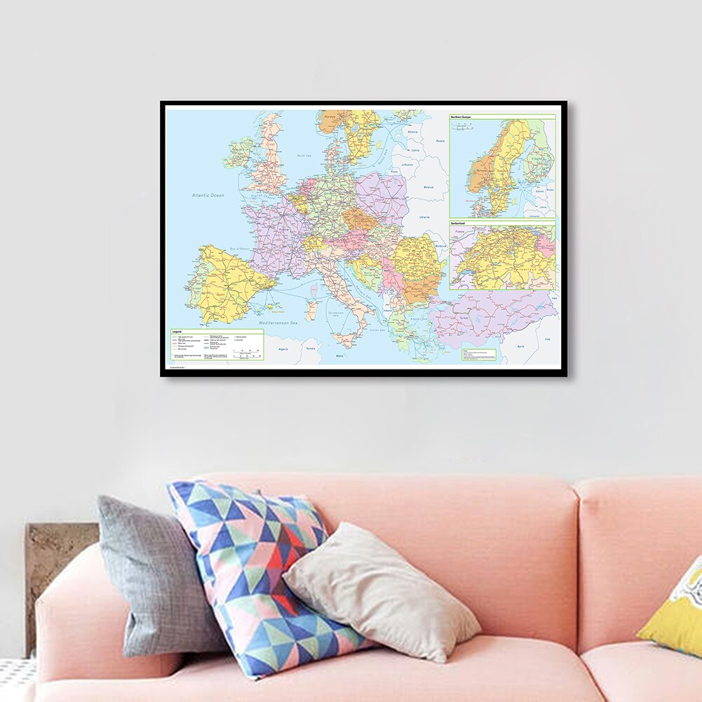 84*59cm Transportation Map of The Europe Political Map Wall Art Poster Canvas Painting Classroom Home Decor School Supplies