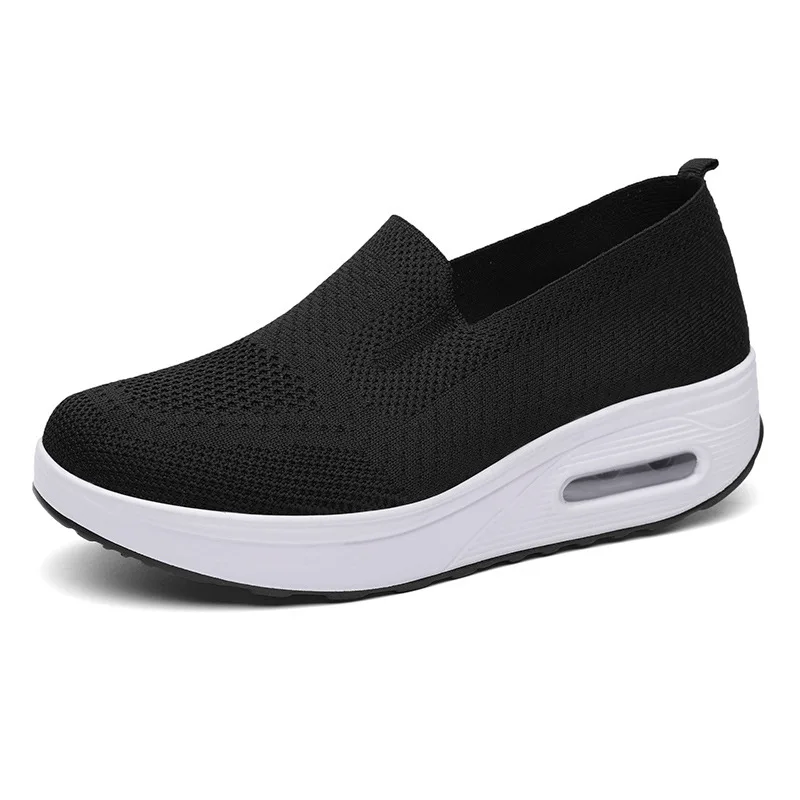 Primavera otoño zapatos oscilantes de mujer mocasines de malla para mujer plataformas planas zapatos de mujer cuñas zapatos de mujer zapatillas de deporte con aumento de altura: Negro / 36