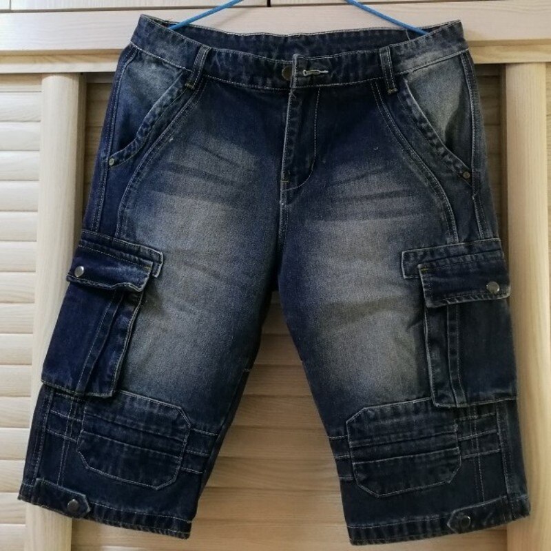 Sommer Vintage Herren Gerade Jeans Mehrere Taschen Fracht Kalb-Länge Denim Shorts Plus Größe Casual Jean Hosen
