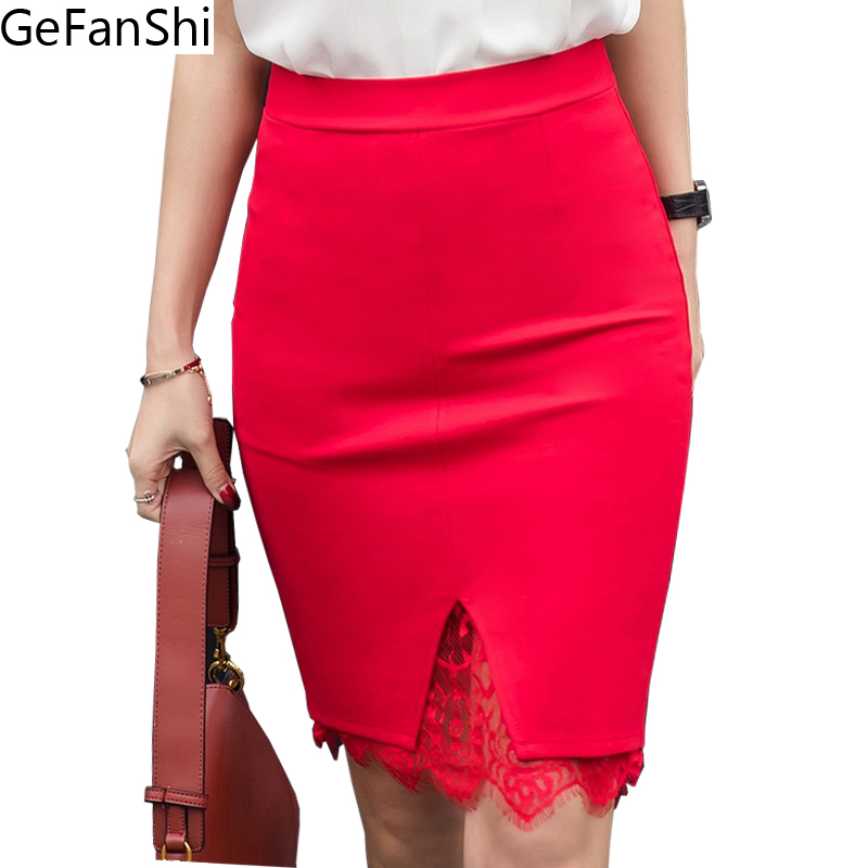 Plus Size Casual Formal Lace Patchwork Solid Skirt Women Skirts Stretch Slim Pencil Skirt Cute Ladies Midi Skirt