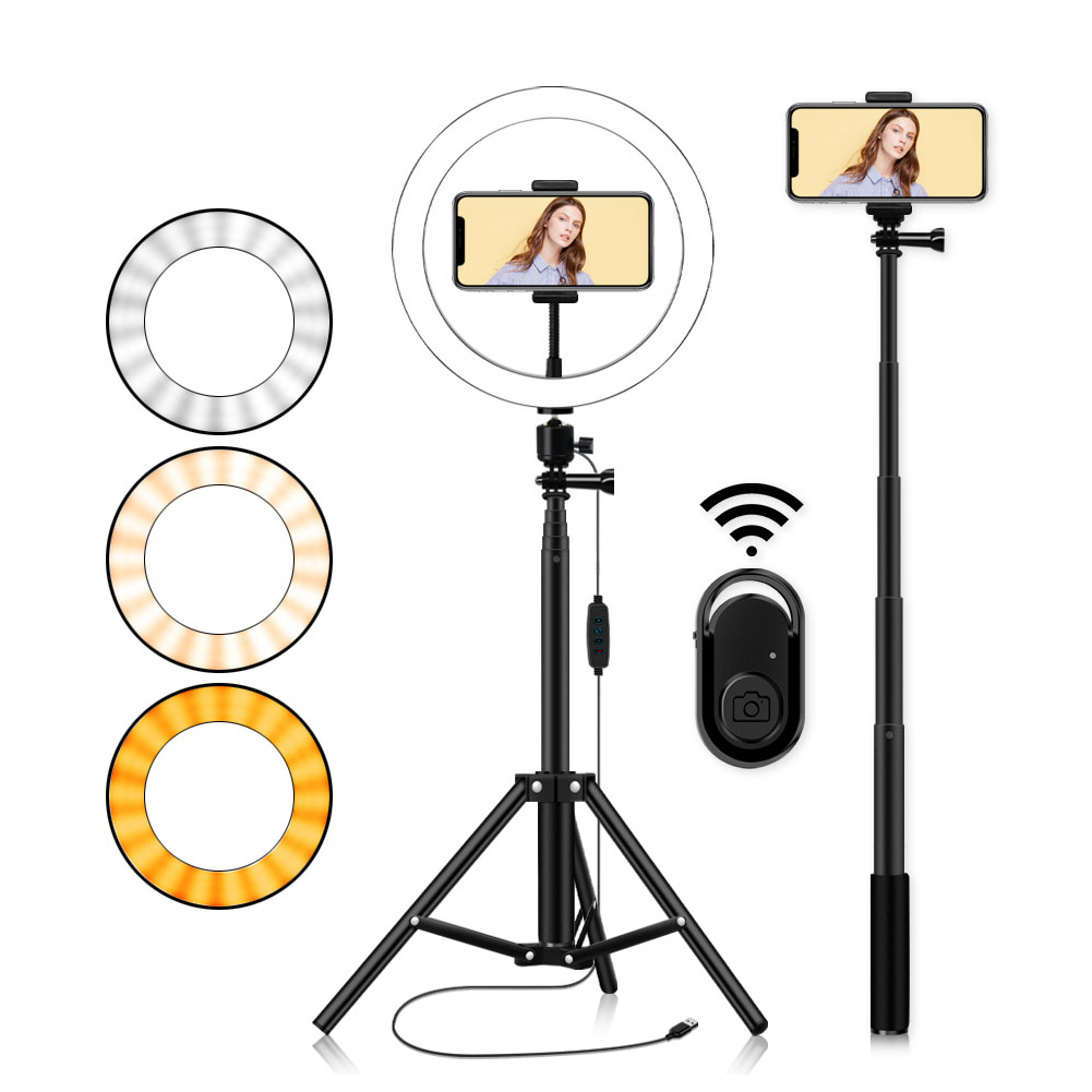 10 "portato Selfie Anello di Luce Dimmerabile Telefono video Fotografia di Illuminazione Treppiedi Del Supporto Del Basamento Bluetooth a distanza controllo per il video