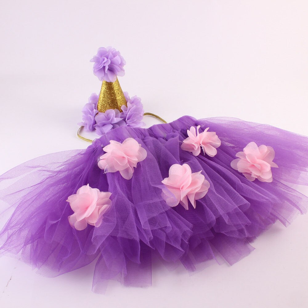 Newborn Baby Girl Tulle Skirt Mesh Fluffy Tutu Skirt With Flowers Decoration+ Princess Crown Headband 2pcs Outfit Photo Costumes: Purple