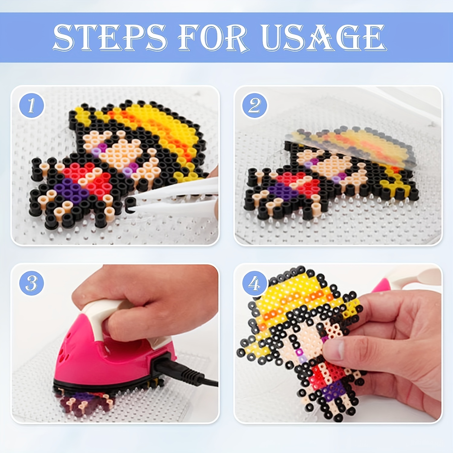 5 mm large, transparent plastic pegboards, bead pegboards with ironing paper and white tweezers, creative diy jewelry making supplies