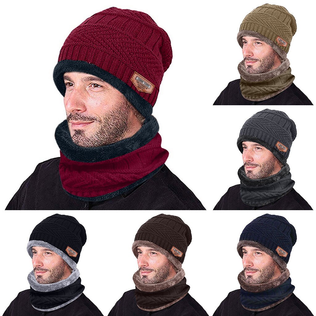 To mænds varm polyester fejlfri varm hat vintertyk hat tørklæde sæt strikket vindtæt hætte