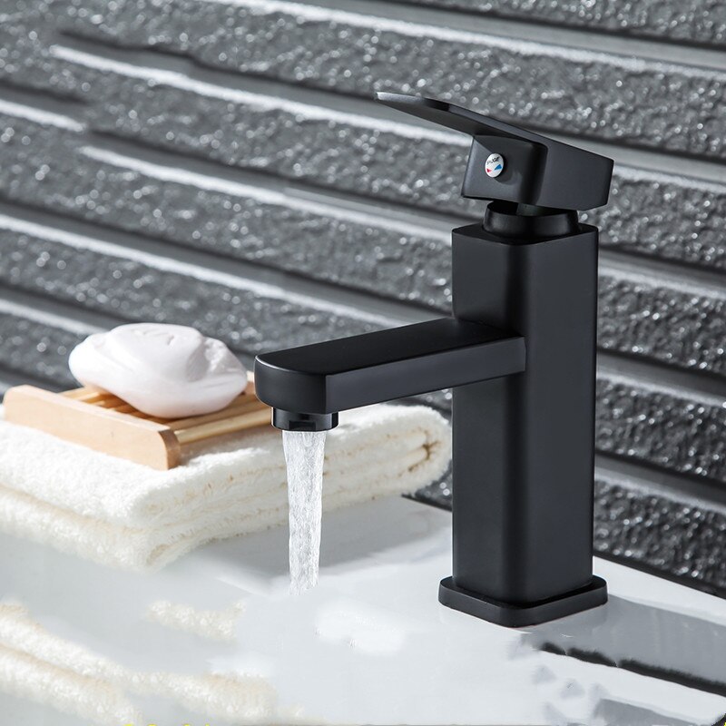 Black Baking Varnish Square Basin Mixer And Cold Faucet Bathroom Sink Single Handle Hole Tap Brass Base Kitchen Accessories