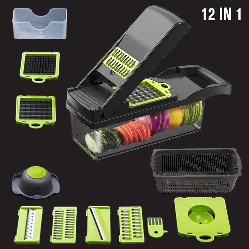 Multifunctionele Groentesnijder Slicer Rasp Cutter Dunschiller Dunschiller Wortel Rasp Afvoer Mand Keuken Tool 12 In 1: Grey  12 in 1