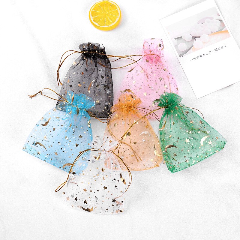 30pcs/lot Moon Star Organza Bags 9*12cm Small Christmas Drawstring Bag Charm Jewelry Packaging Bags & Pouches Candy bag
