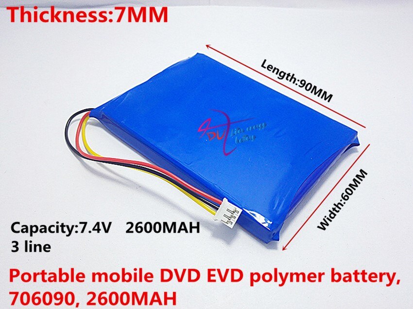 Drei linien mit stecker für den akku 7.4 v sast tragbares mobiles dvd-gerät evd 706090 2600 mah