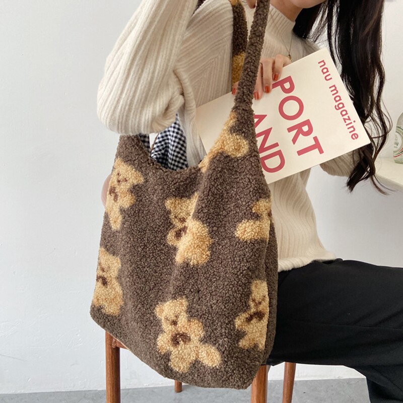 TrendyGal Ins Style Lait Double Face en Coton Sacs À Bandoulière avec Ours Imprimés Printemps Femmes Décontracté Fourre-Tout À Carreaux Style Sacs À Main: Brown