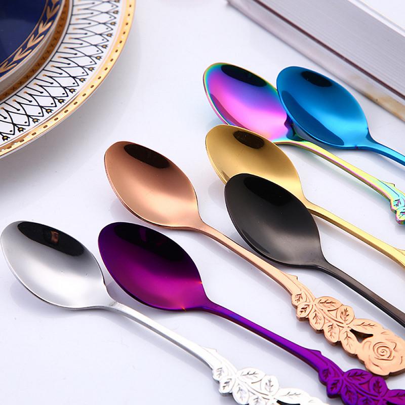 1pcs Stainless Steel Teaspoon Tea Ice Cream Spoon Coffee Dessert Spoon Cteative Rose Flower Handle Tableware Kitchen Gadget