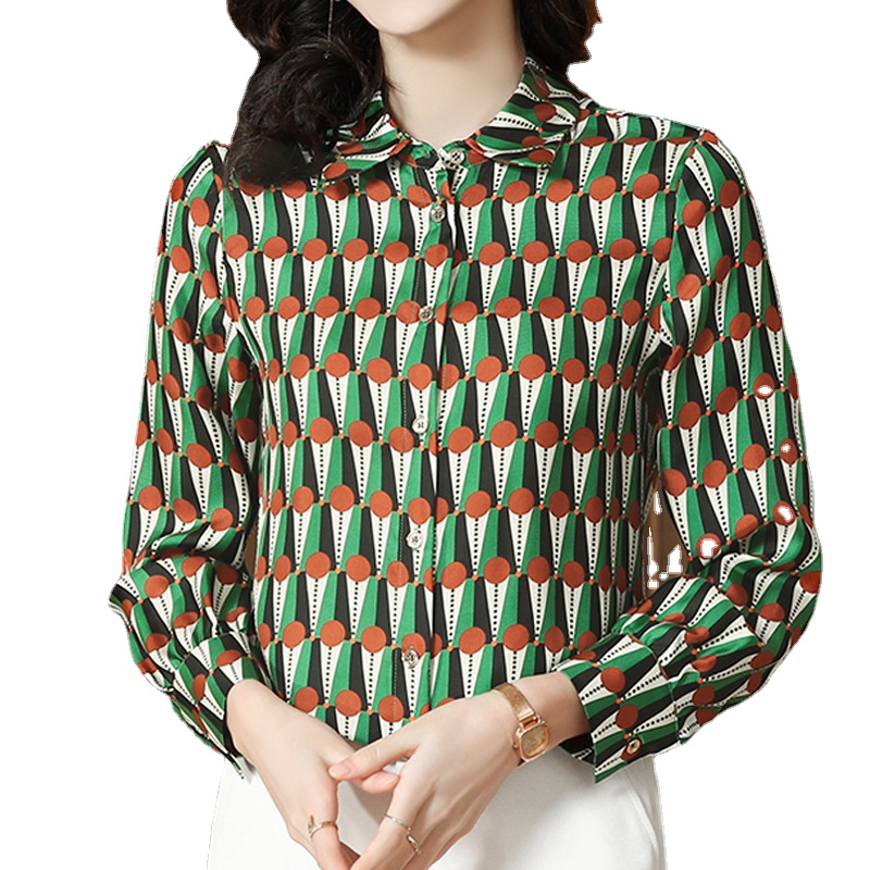 Fanieces Jahrgang drucken grünes frauen hemd langarm revers frühling herbst schlanke Satin- blusen blusas mujer elegantes y Jugendliche