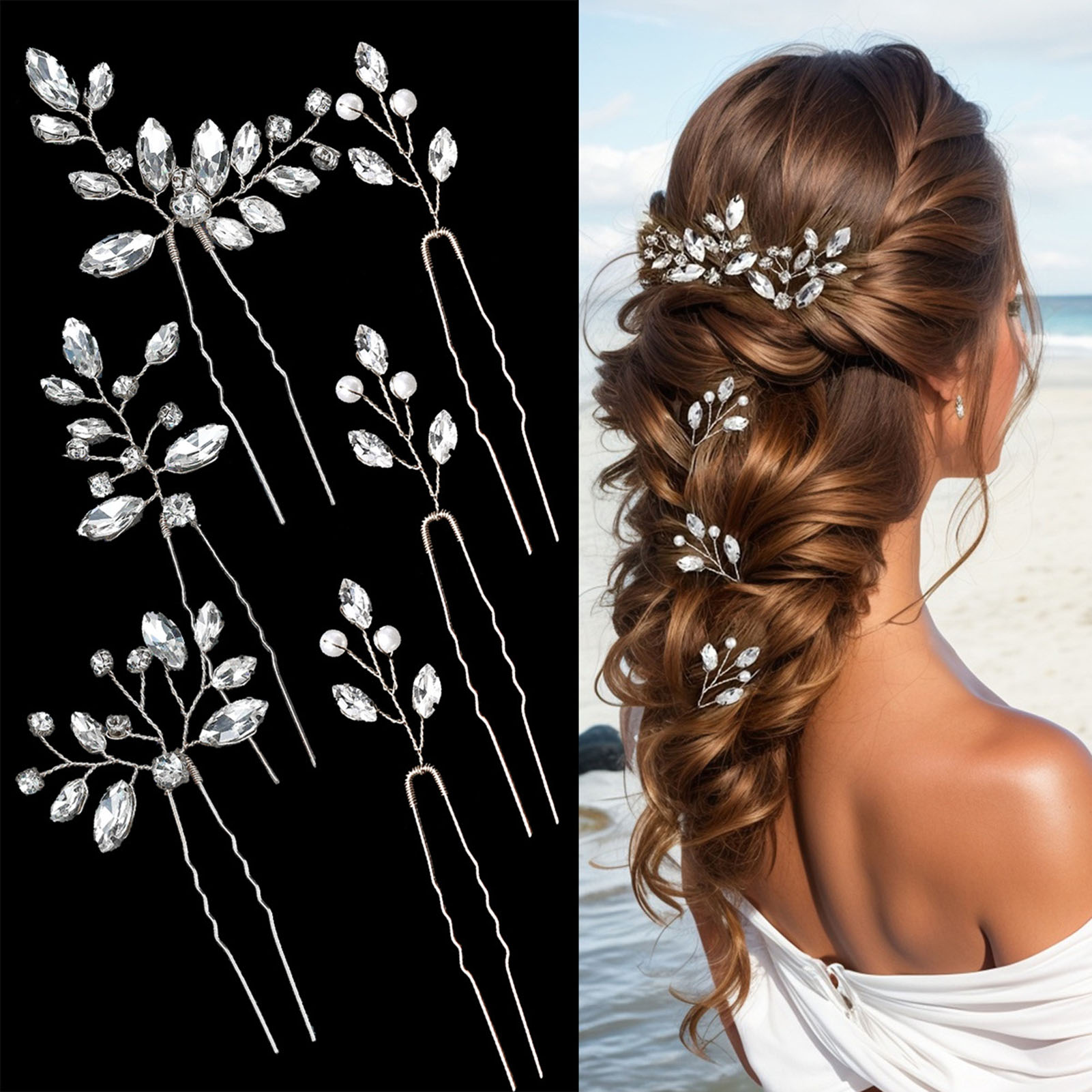 6 uds. De horquillas para el pelo en forma de U con diamantes de imitación, horquillas para el pelo de boda para novia pequeñas y sencillas, accesorios para el cabello de boda para mujer: Chapado en zinc azul