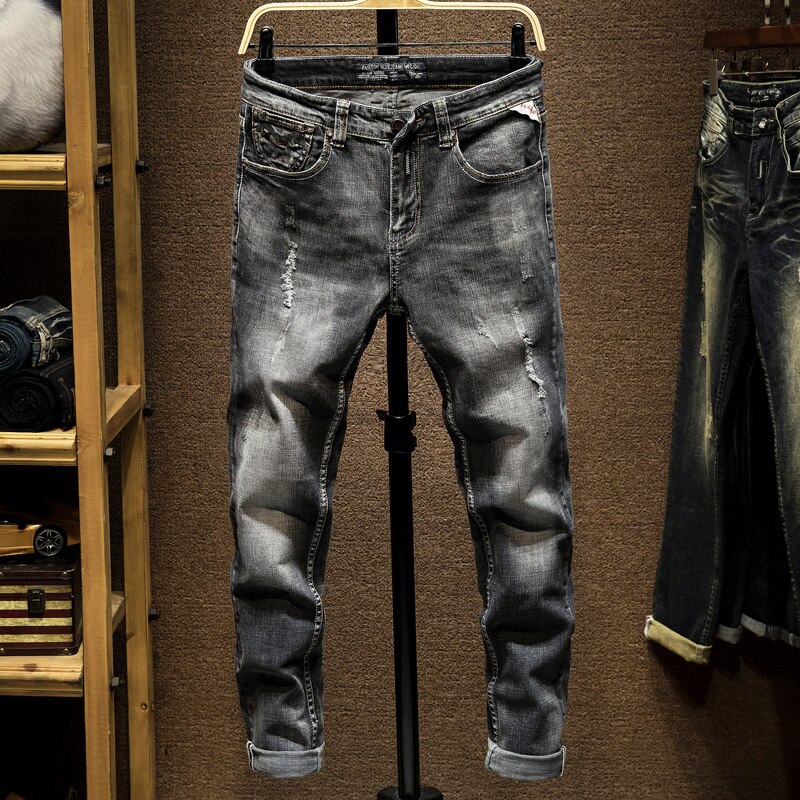 Distressed Jeans Men Ripped Slim Fit Gray Stretch Denim Pants Fashionable Streetwear Biker Jean for Men Punk Style