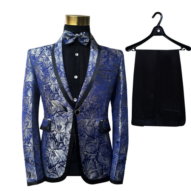 Sjaal revers blauw bloemenpatroon jacquard banket zangers slim fit pak herenkostuum heren nieuwste jas broek ontwerpen