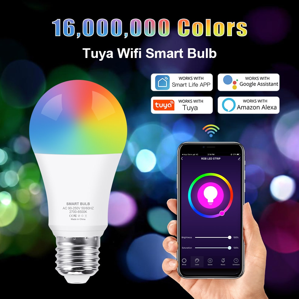 Wifi smart lyspære rgb + hvit + varm hvit  e27 led pære tuya smart life app dimbar stemmekontroll arbeid med alexa, google home