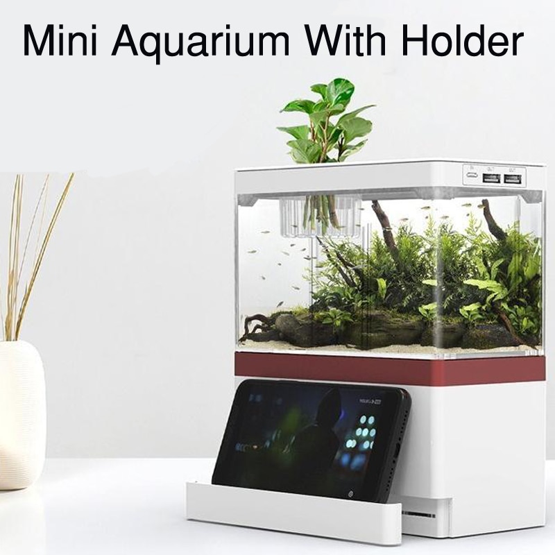 Desktop Creatieve Usb Mini Aquarium Met Telefoon Houder Met Led Lamp Licht Betta Vis Vechten Cilinder